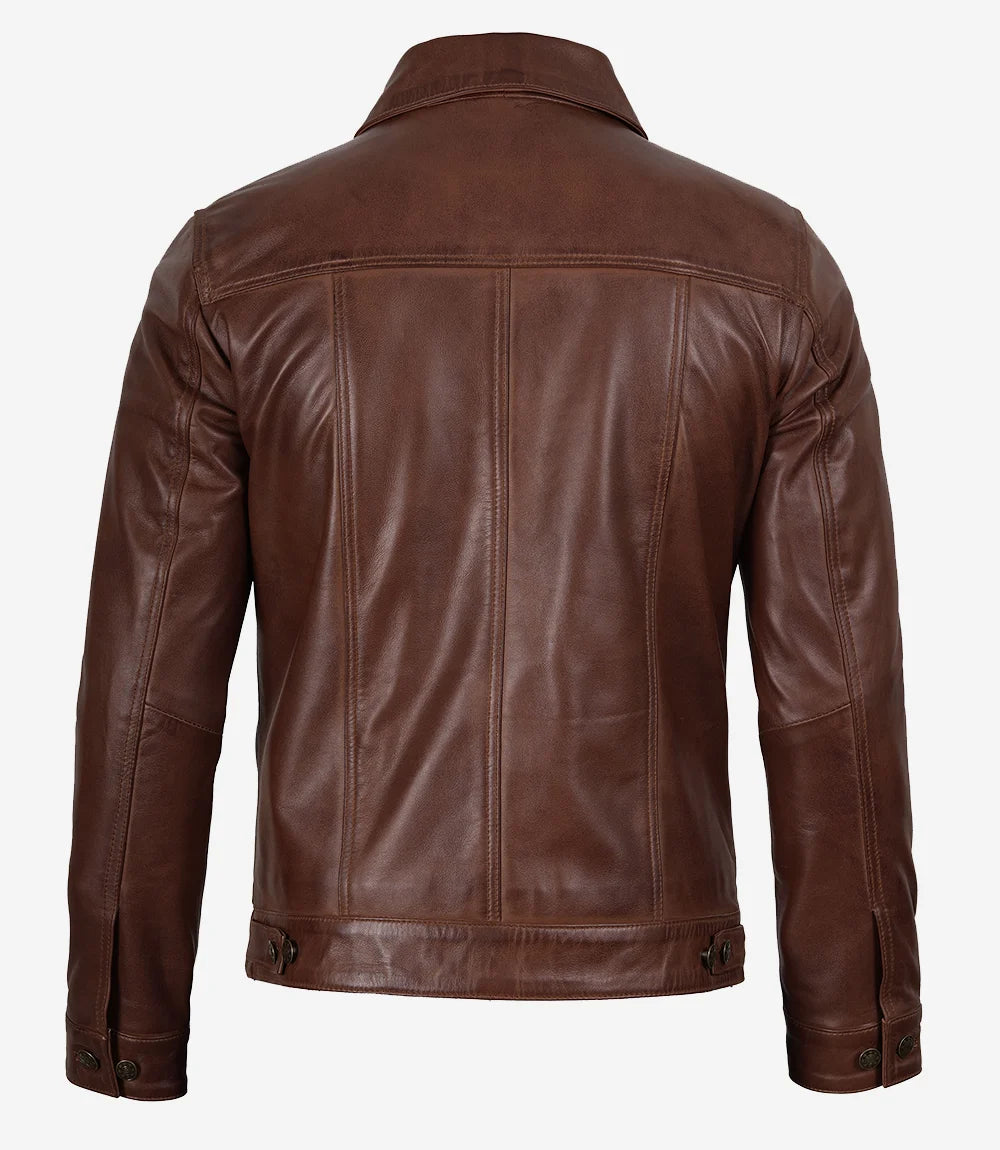 Men's Harrington Cognac Brown Wax Leather Trucker Jacket