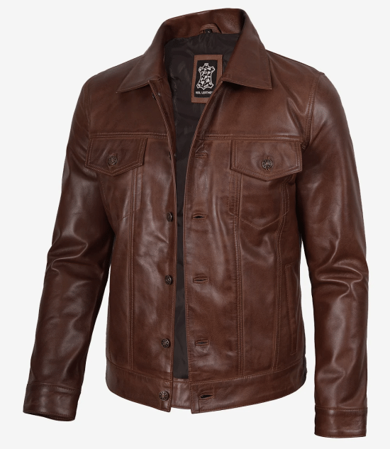 Men's Harrington Cognac Brown Wax Leather Trucker Jacket