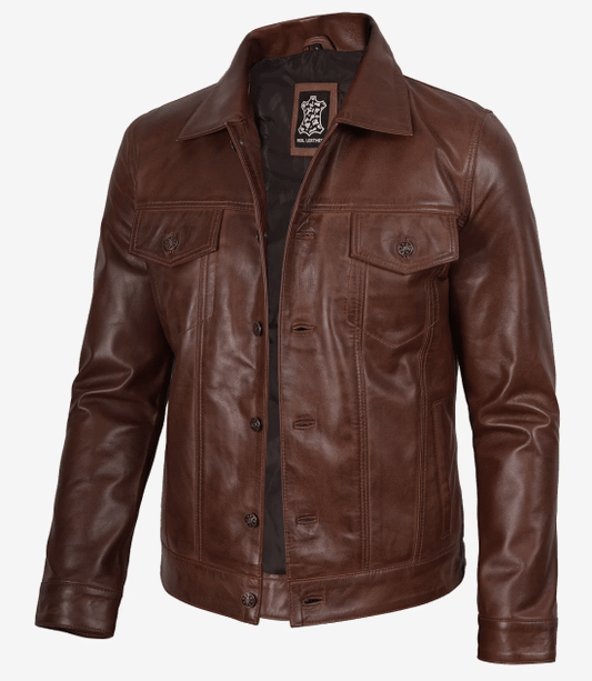 Men's Harrington Cognac Brown Wax Leather Trucker Jacket