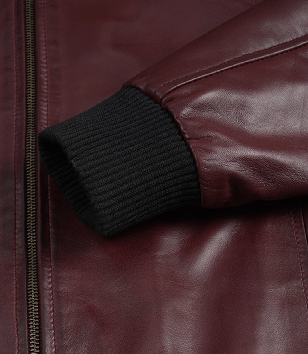 Men's Burgundy Wax Leather Bomber Jacket Harrington Style