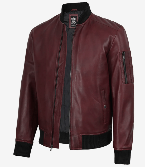 Men's Burgundy Lambskin Leather Flight Jacket - Bomber Style