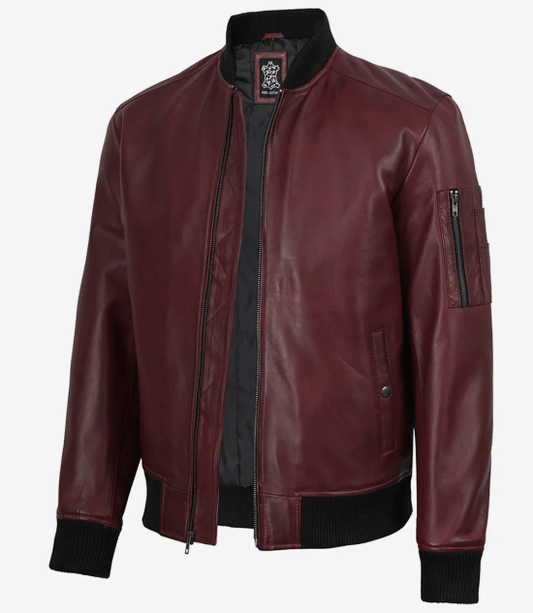 Men's Burgundy Lambskin Leather Flight Jacket - Bomber Style