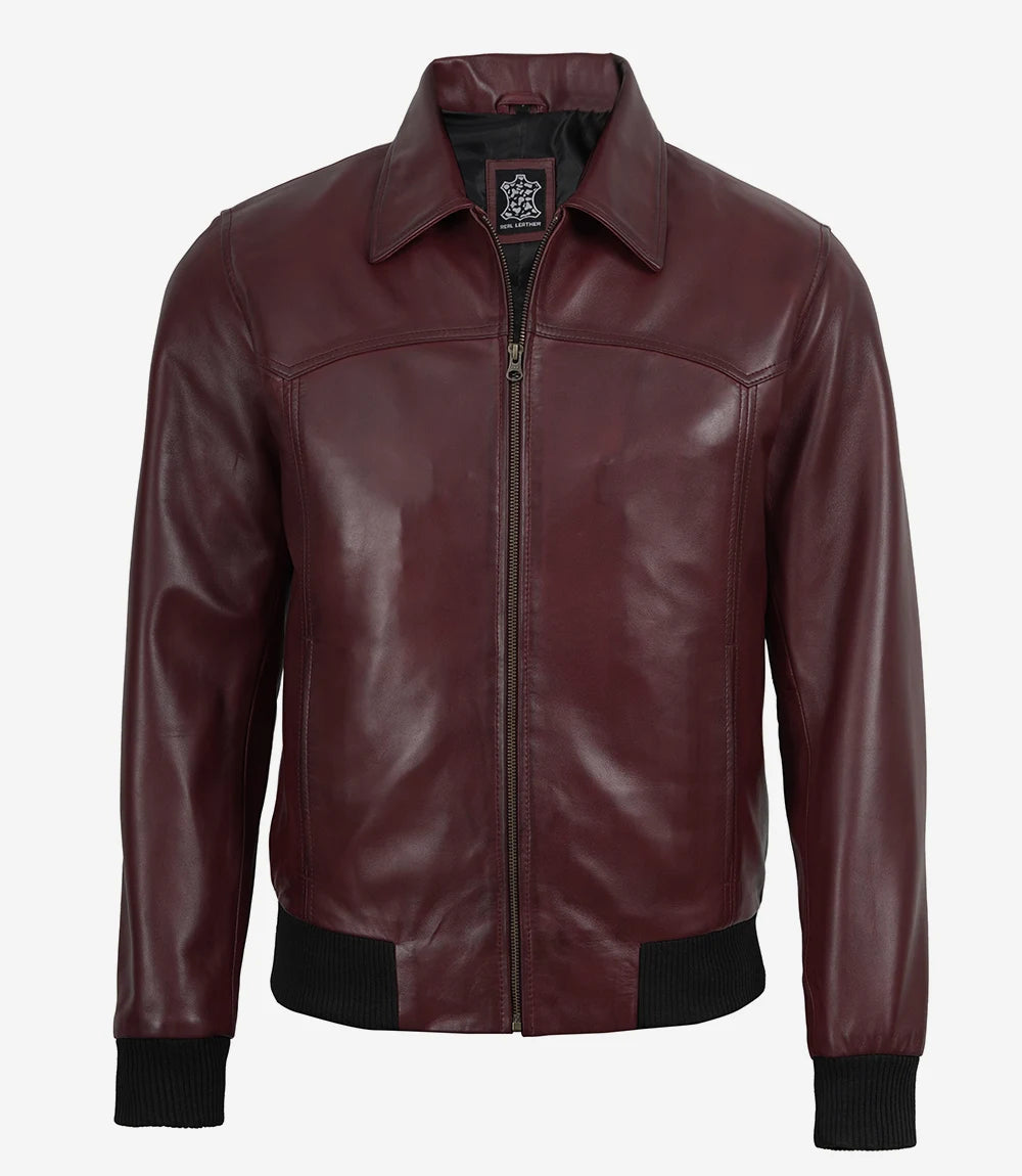 Men's Burgundy Wax Leather Bomber Jacket Harrington Style