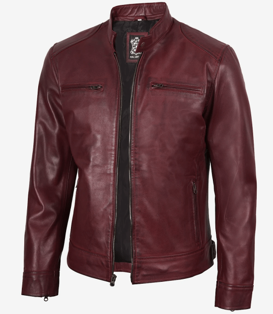 Men's Burgundy Cafe Racer Leather Jacket