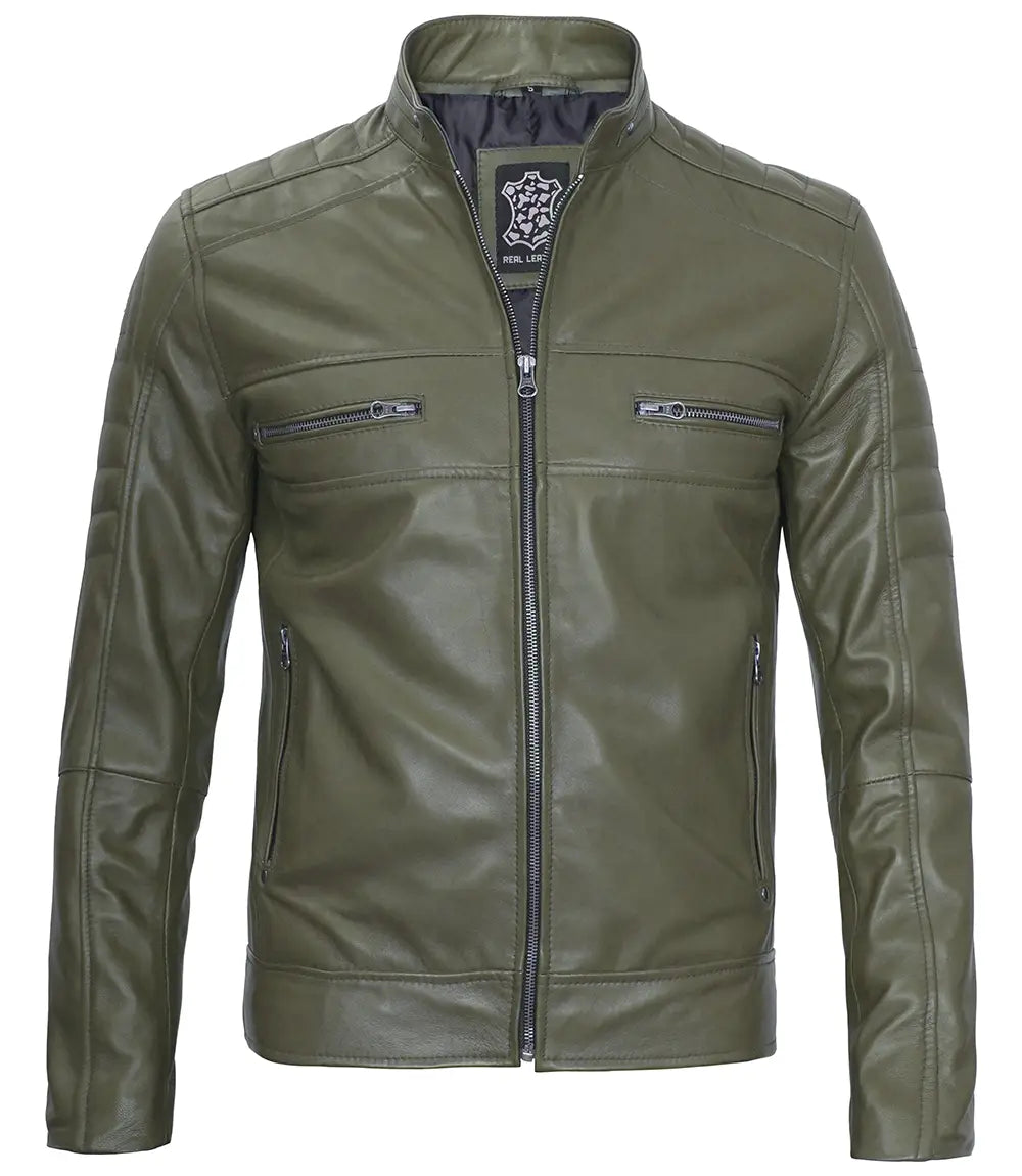 Arya Men Cafe Racer Dark Green Real Leather Jacket