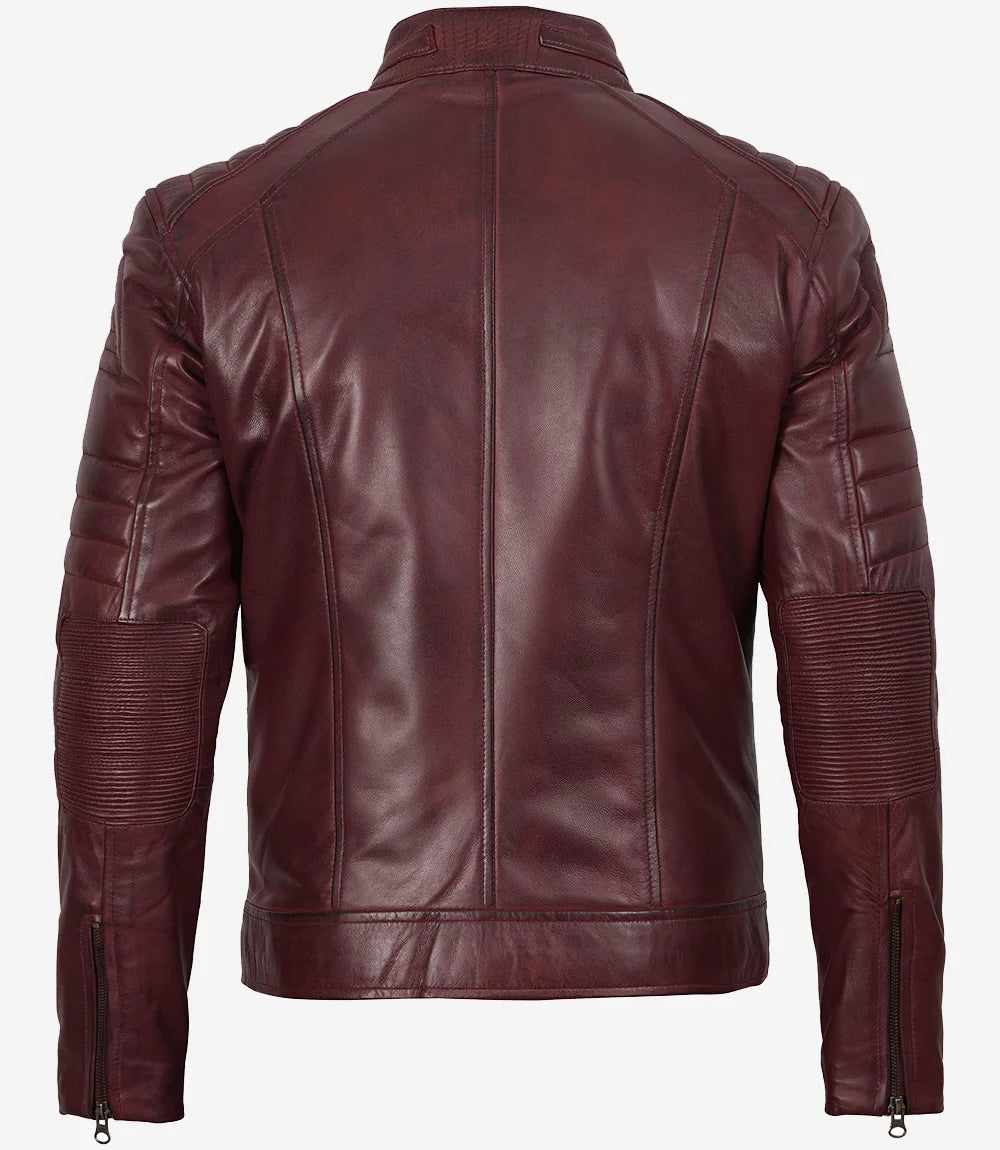 Men's Burgundy Cafe Racer Style Real Leather Jacket