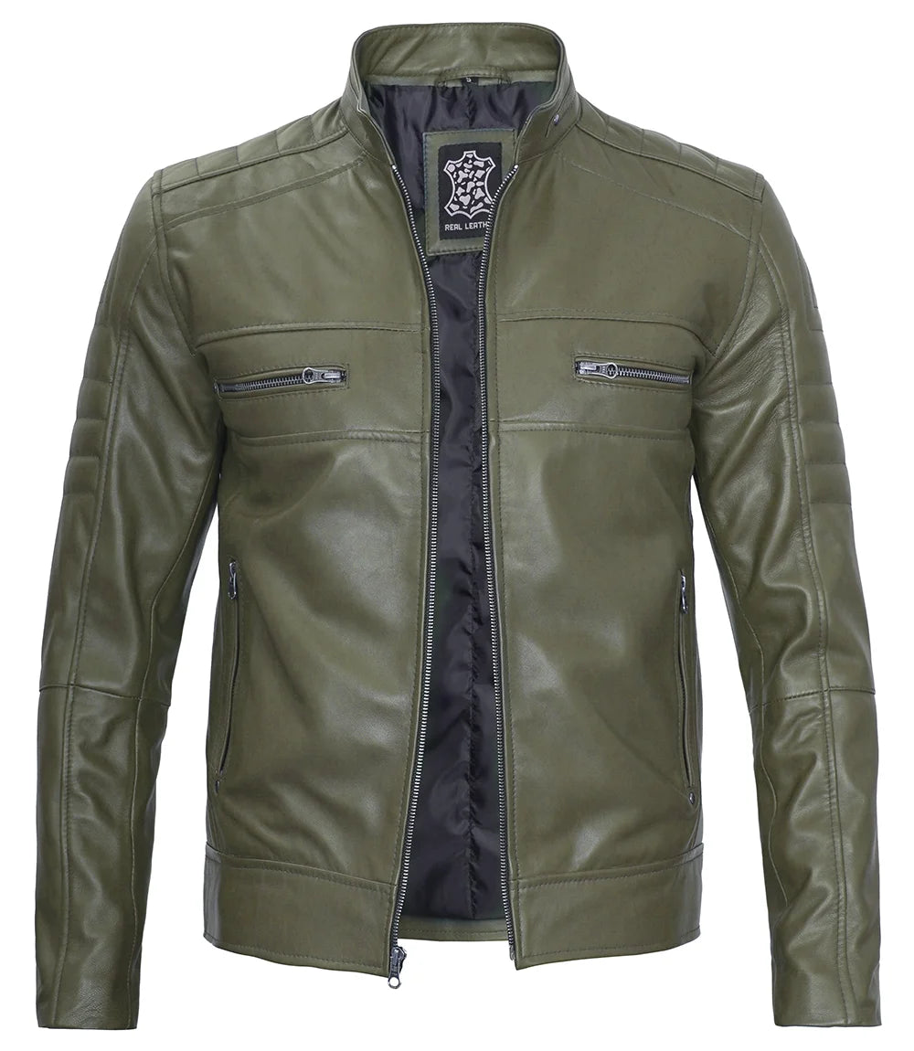 Arya Men Cafe Racer Dark Green Real Leather Jacket