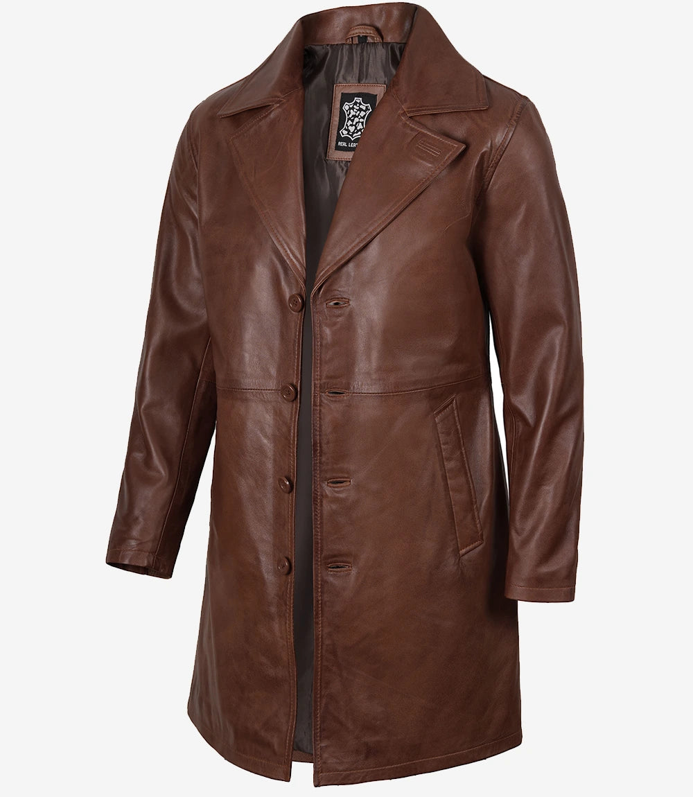 Men's Cognac Brown Real Leather Car Coat