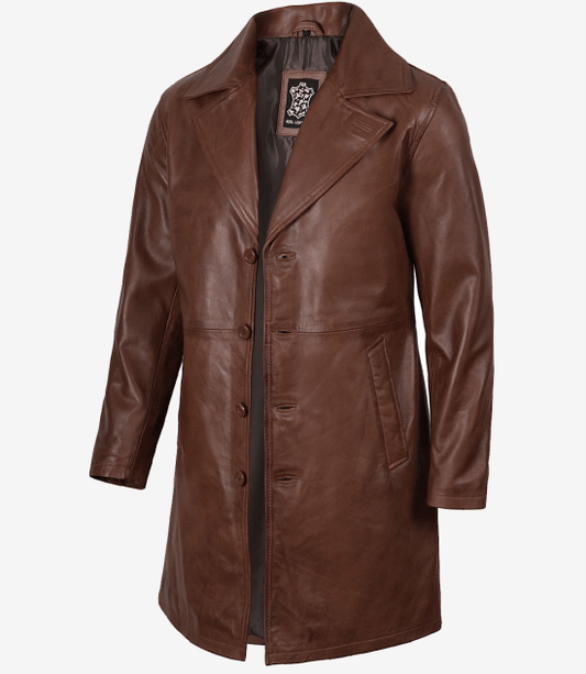 Men's Cognac Brown Real Leather Car Coat