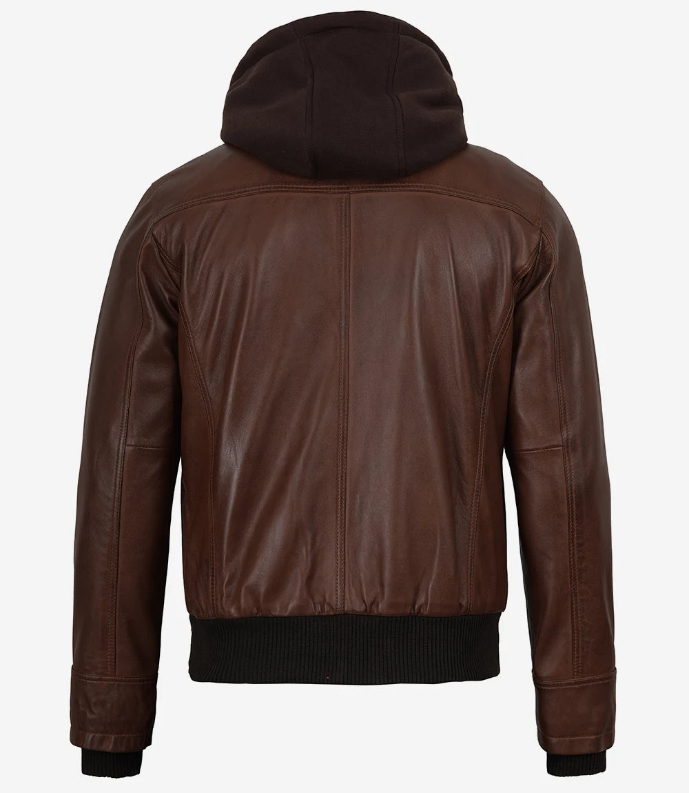 Men's Cognac Lambskin Waxed Leather Jacket — Detachable Hood