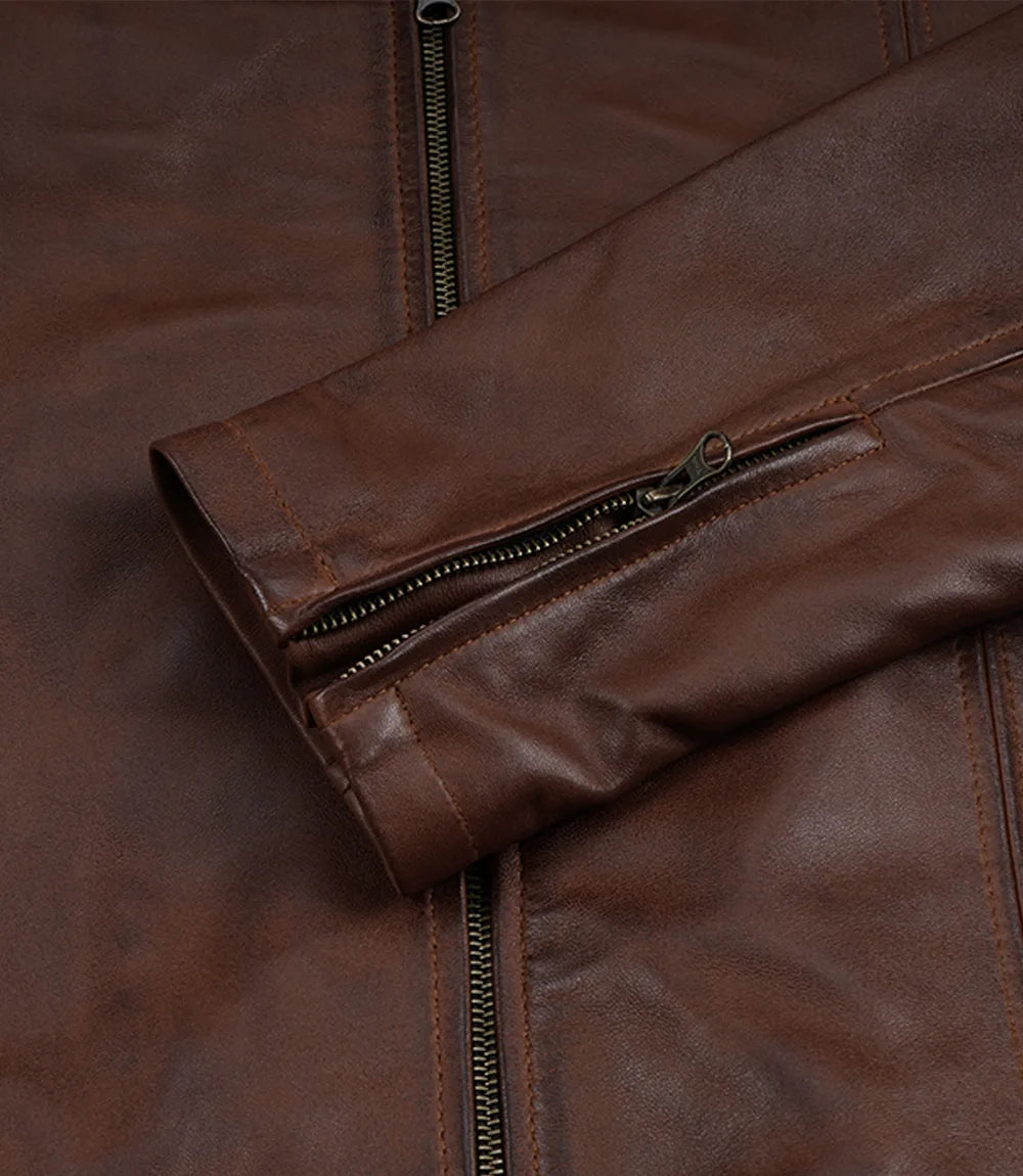 Men's Cognac Wax Lambskin Leather Jacket with Removable Hood