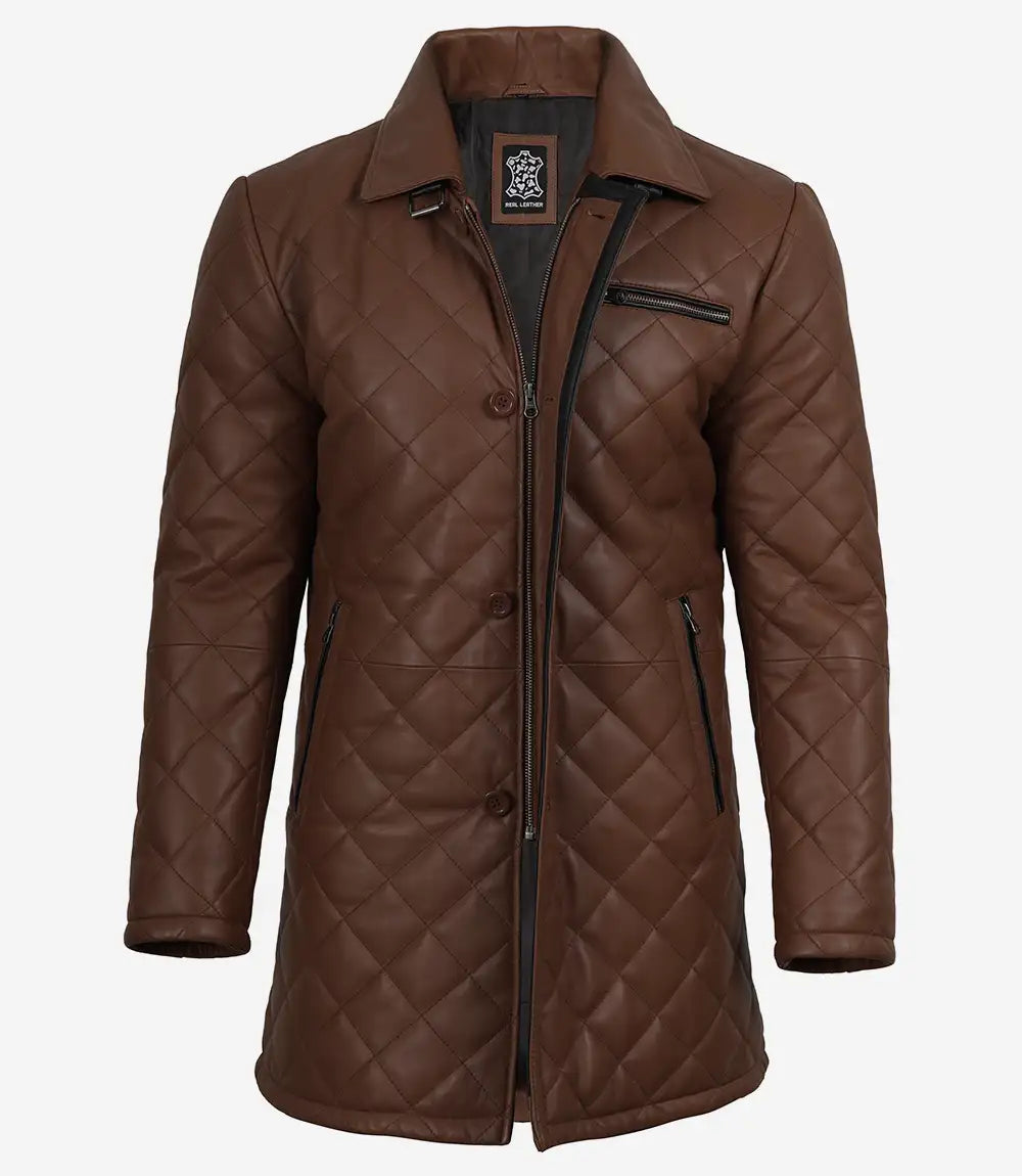 Men's Cognac Brown Diamond Quilted Leather Car Coat