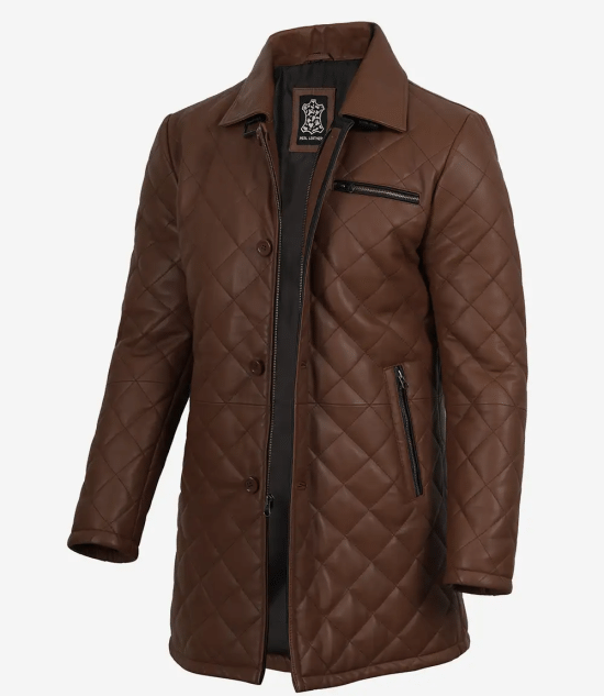 Men's Cognac Brown Diamond Quilted Leather Car Coat