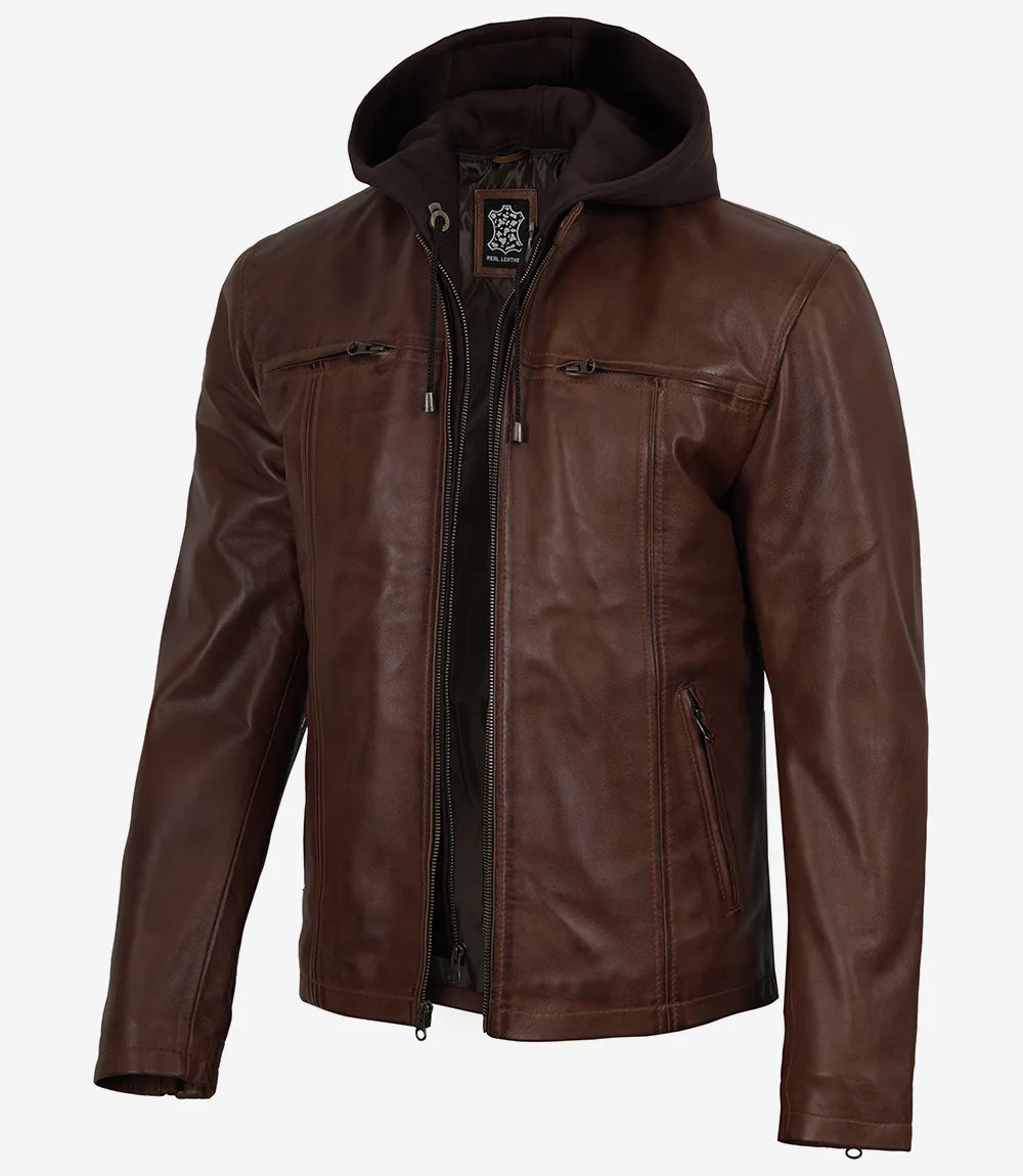 Men's Cognac Wax Lambskin Leather Jacket with Removable Hood