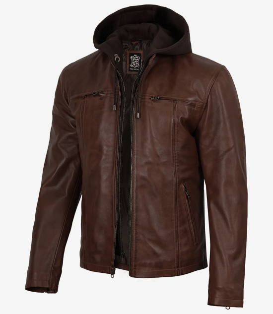 Men's Cognac Wax Lambskin Leather Jacket with Removable Hood