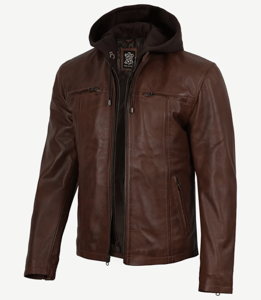 Men's Cognac Wax Lambskin Leather Jacket with Removable Hood