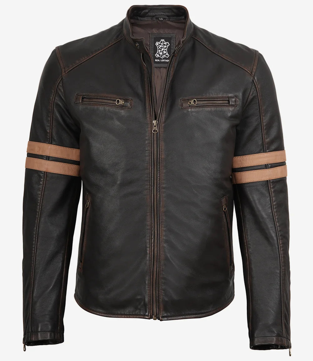Men's Dark Brown Vintage Leather Biker Jacket with Racing Stripes