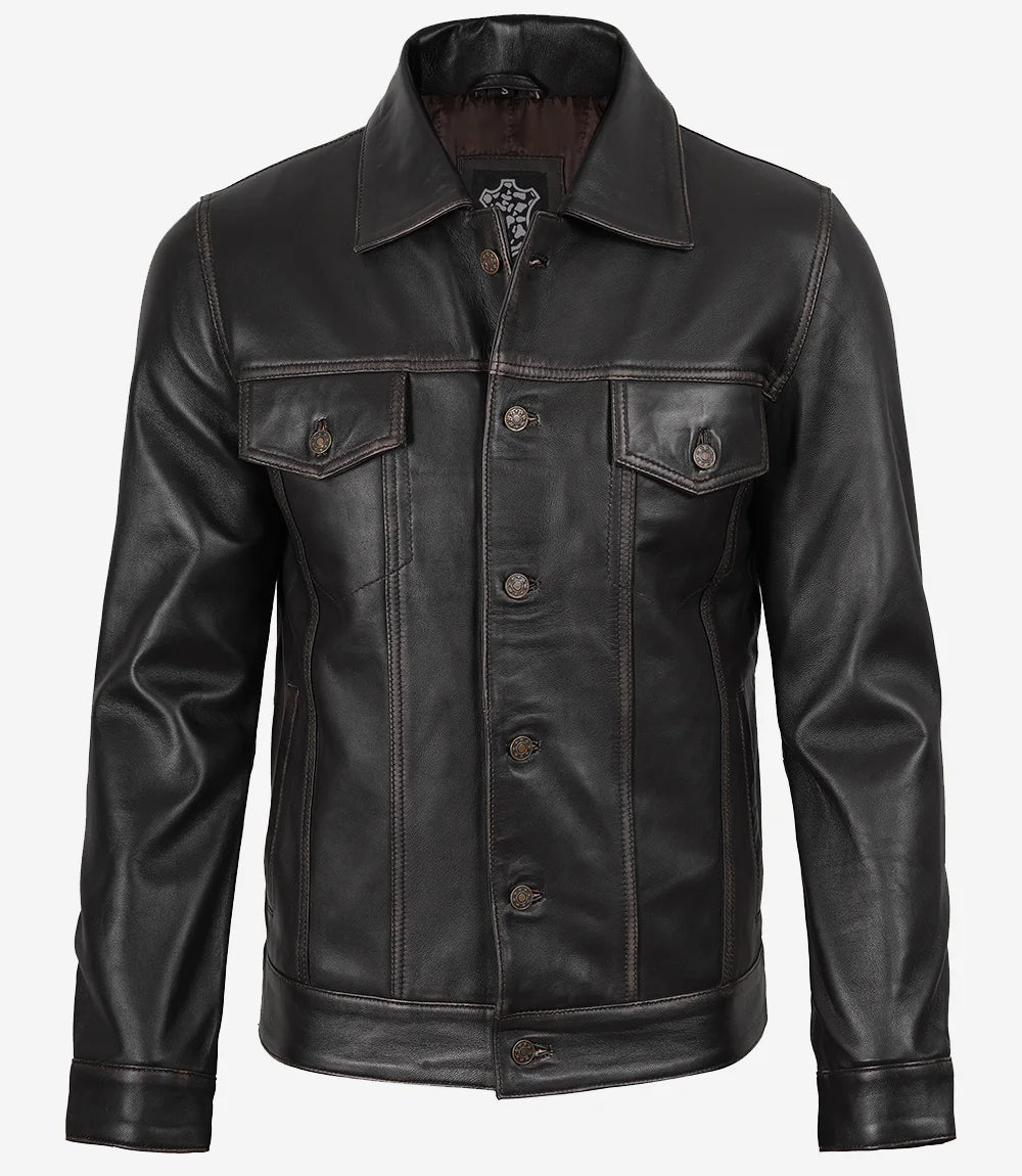 Men's Dark Brown Trucker Leather Jacket