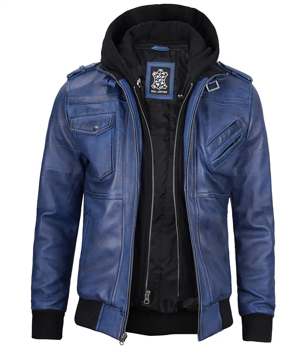 Men's Blue Leather Bomber Jacket with Removable Hood