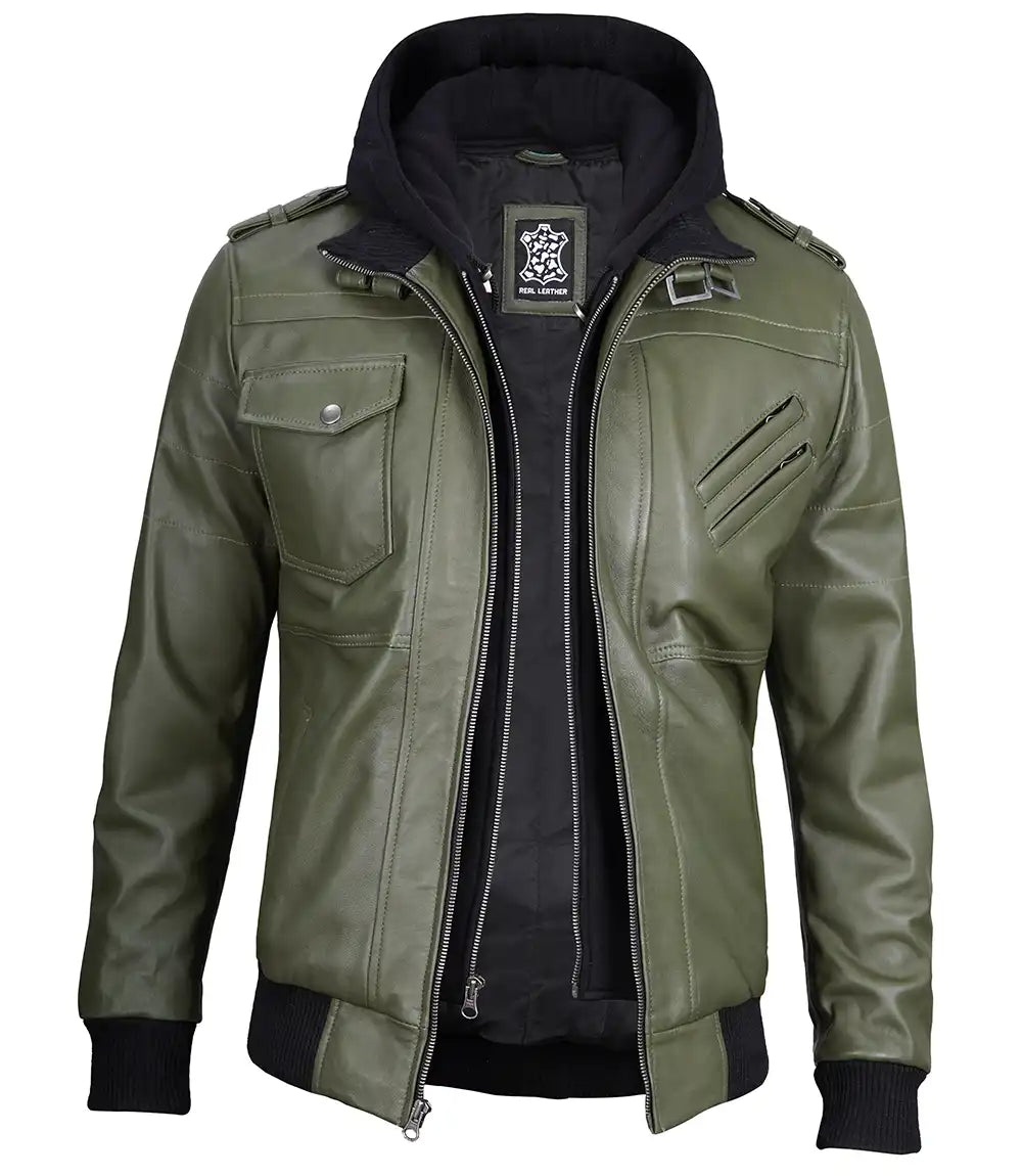 Men's Military Green Waxed Leather Jacket with Removable Hood