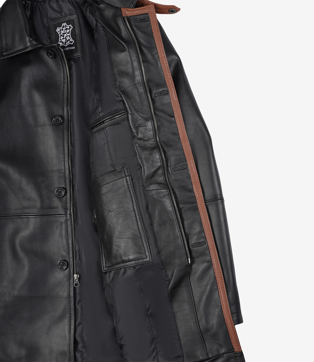 Men Black Real Leather 3/4 Length Car Coat