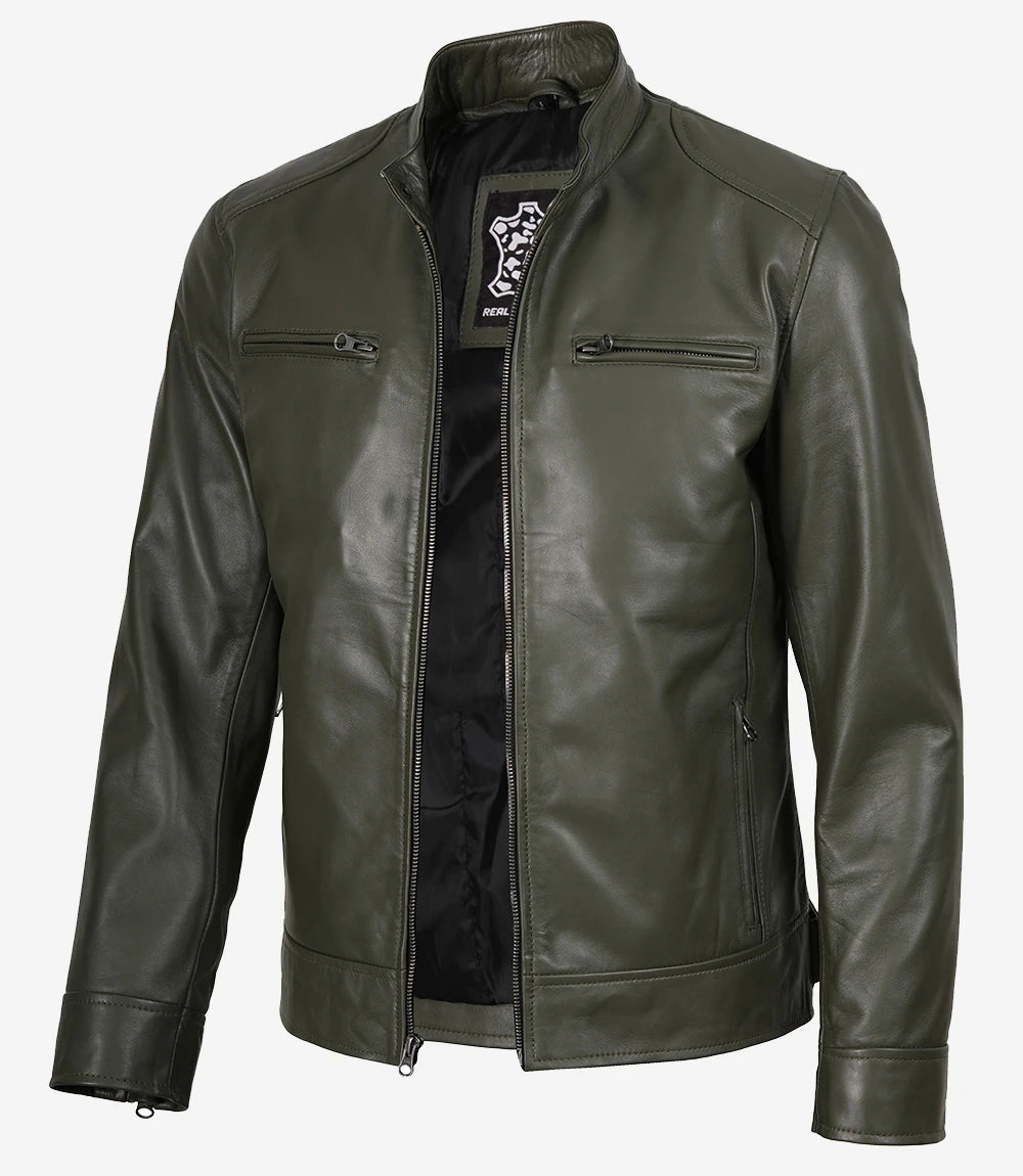 Men's Olive Green Cafe Racer Real Leather Jacket