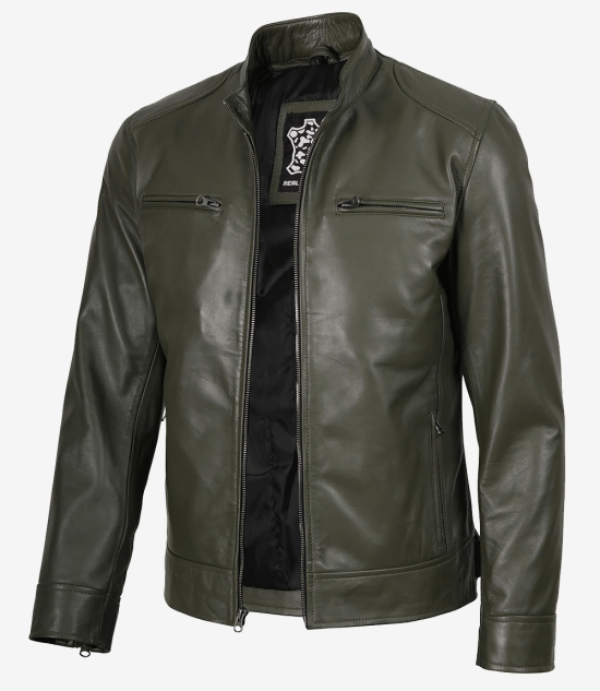 Men's Olive Green Cafe Racer Real Leather Jacket