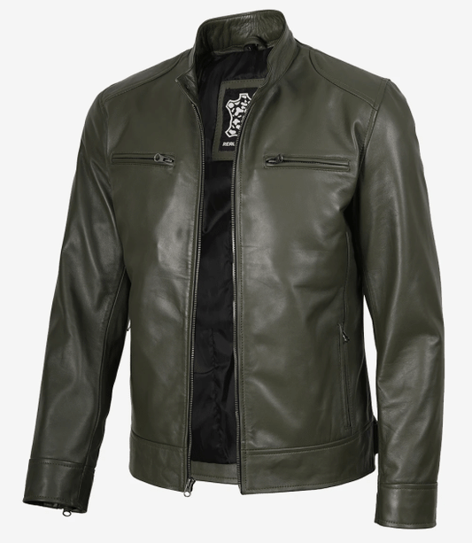 Men's Olive Green Cafe Racer Real Leather Jacket