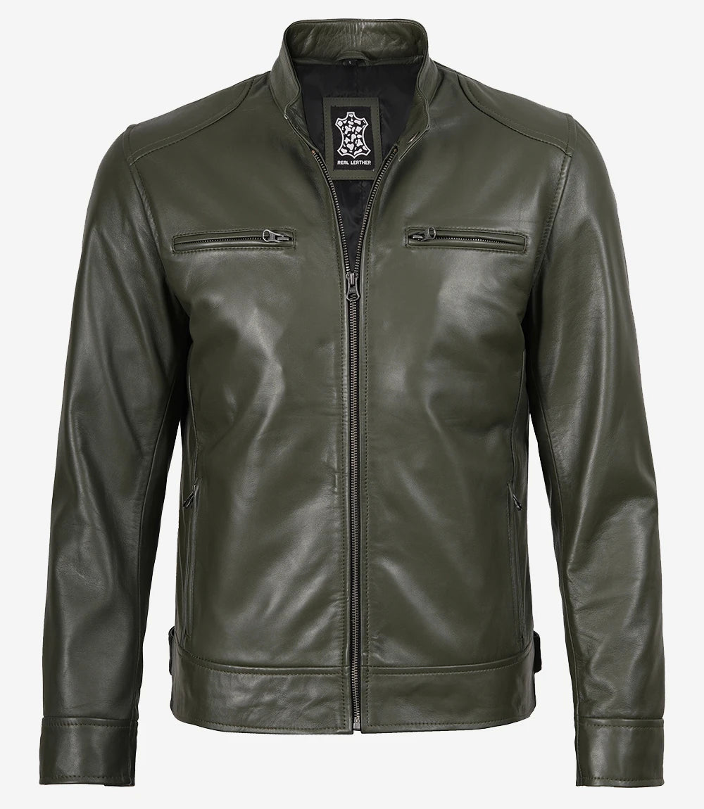 Men's Olive Green Cafe Racer Real Leather Jacket