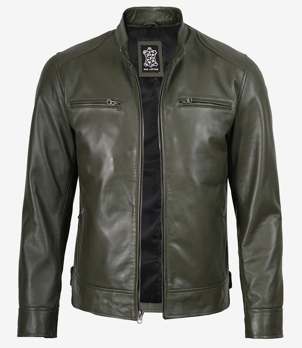 Men's Olive Green Cafe Racer Real Leather Jacket