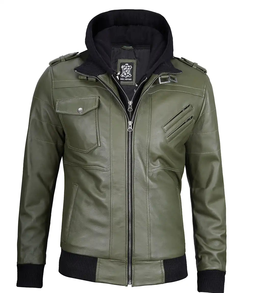 Men's Military Green Waxed Leather Jacket with Removable Hood