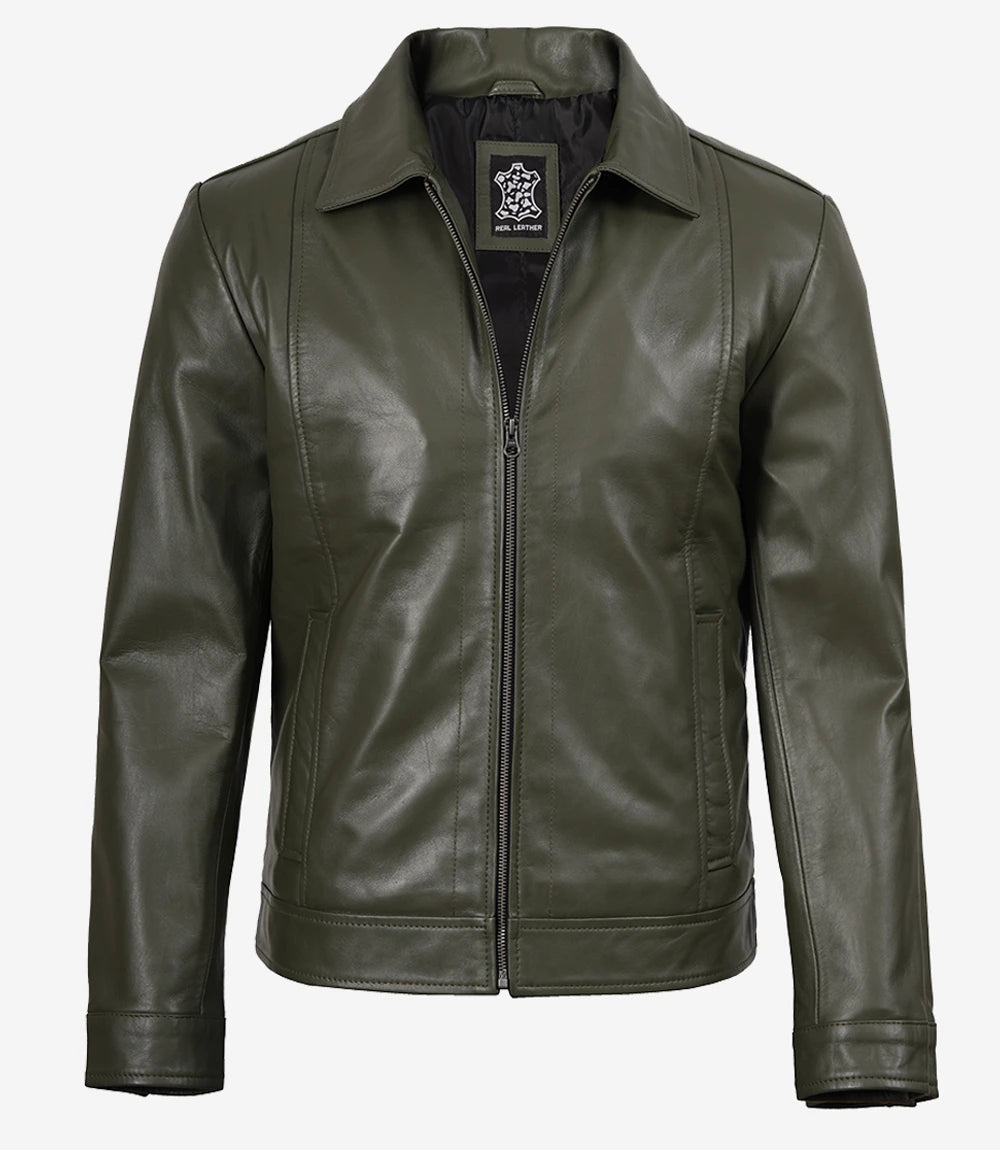 Men's Harrington Olive Green Leather Jacket