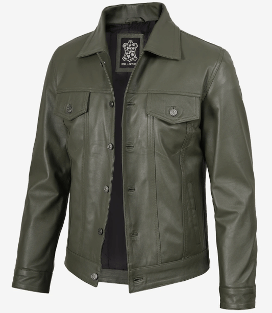 Men's Olive Green Real Trucker Leather Jacket
