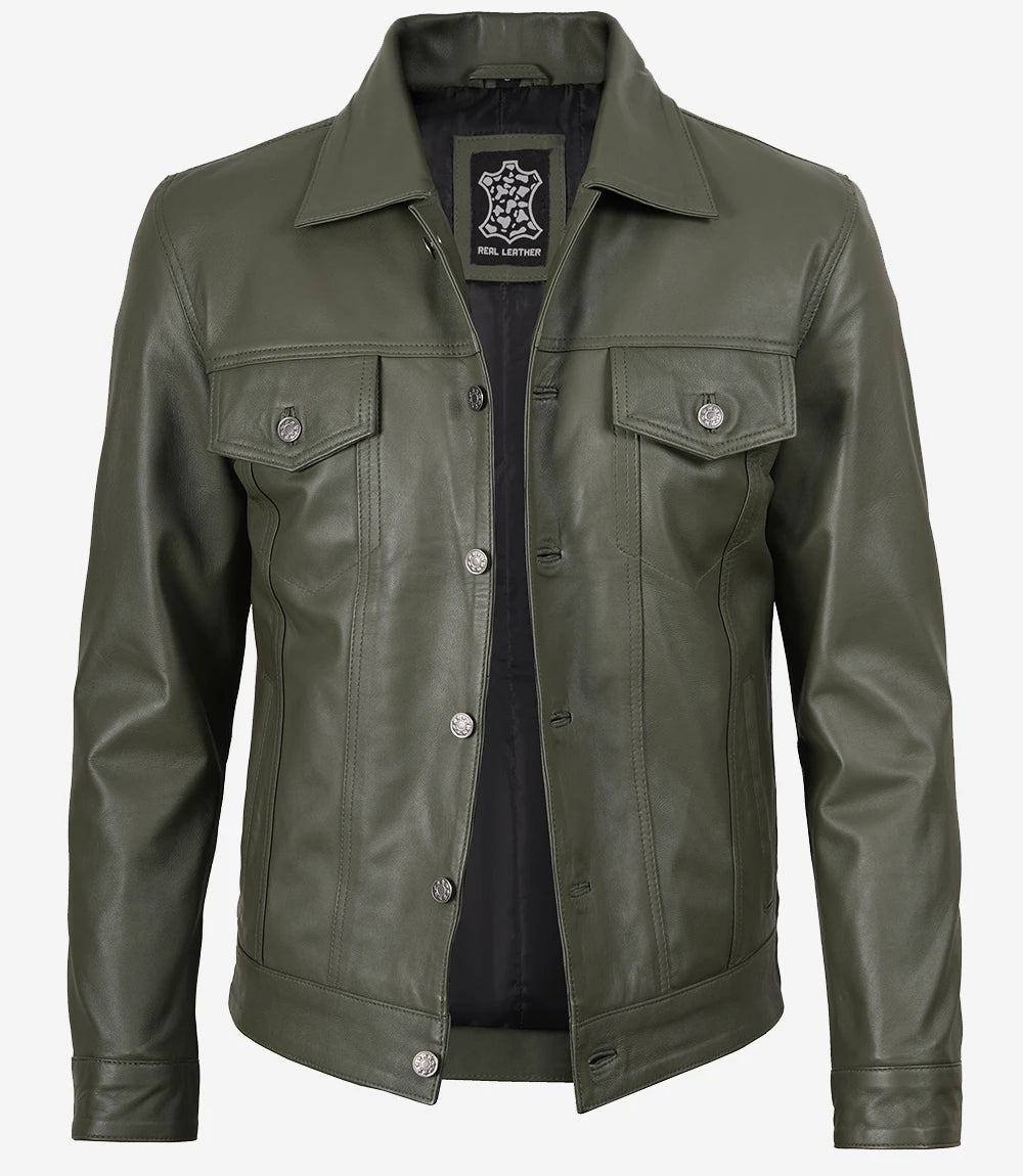 Men's Olive Green Real Trucker Leather Jacket