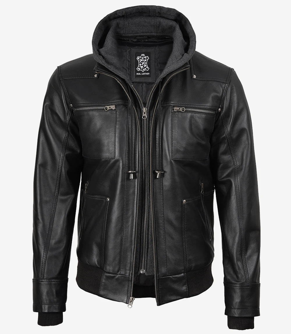 Men's Black Real Leather Jacket With Removable Hood