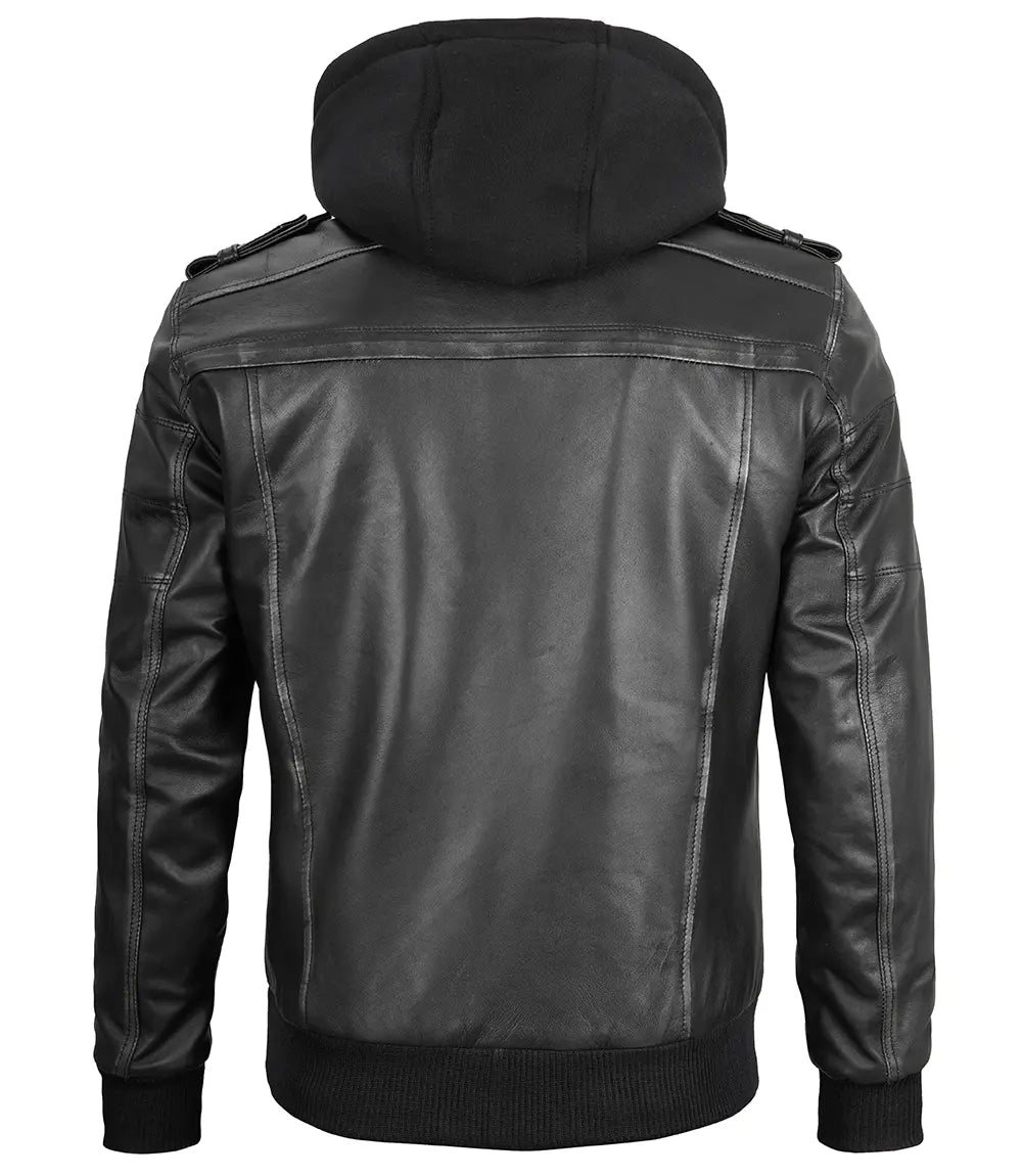 Men's Dark Gray Leather Bomber Jacket with Removable Hood