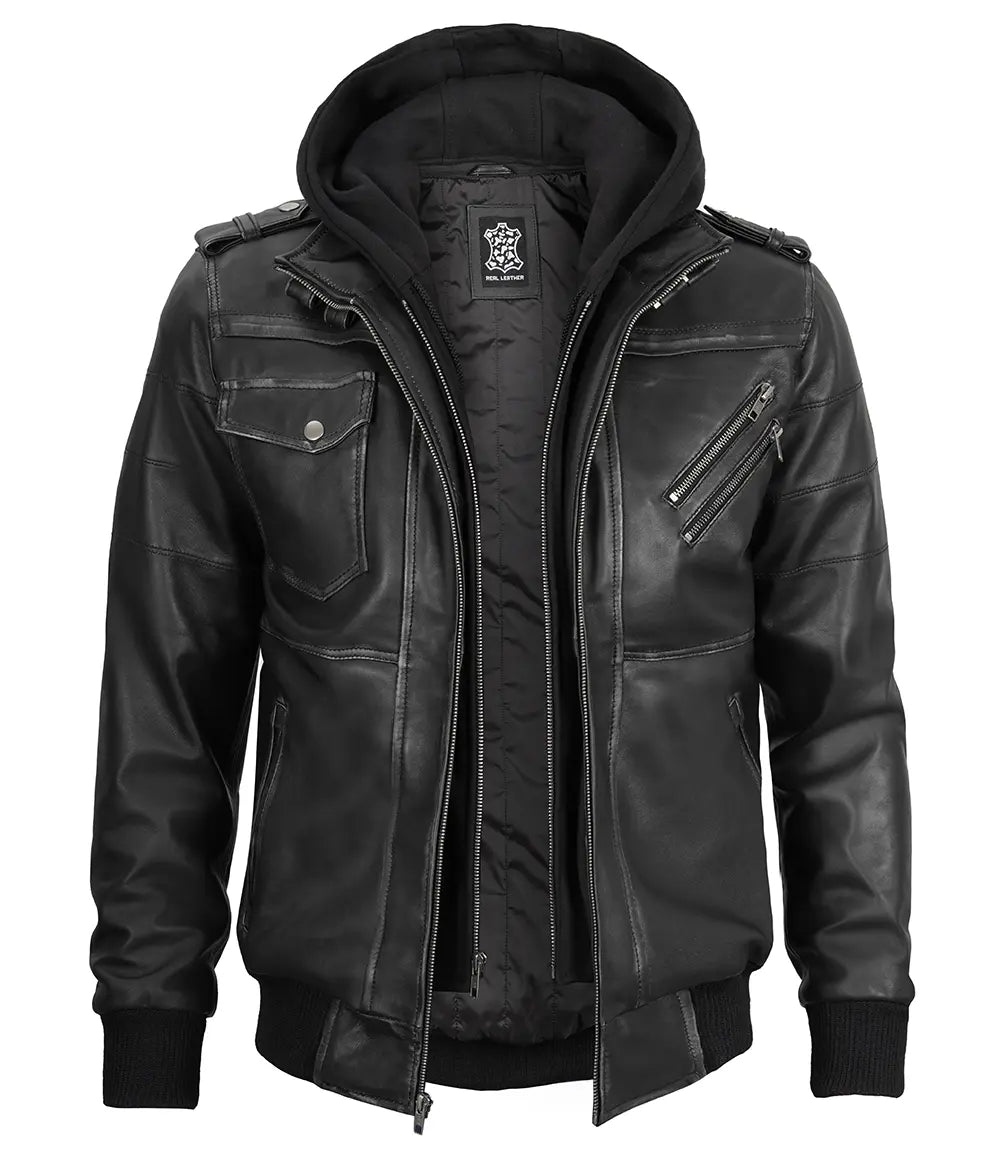 Men's Dark Gray Leather Bomber Jacket with Removable Hood