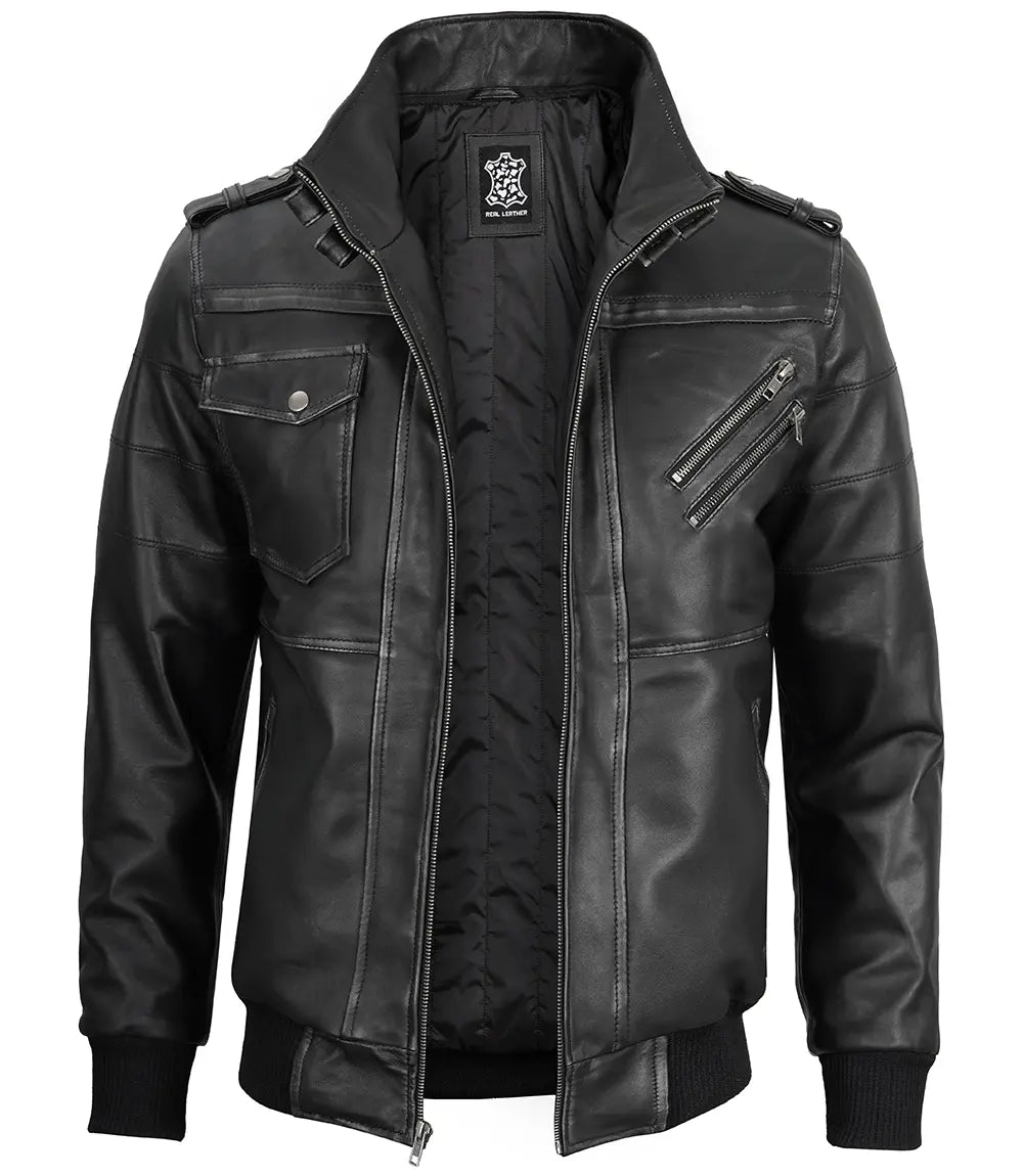 Men's Dark Gray Leather Bomber Jacket with Removable Hood