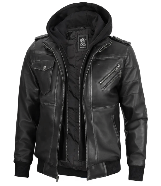 Men's Dark Gray Leather Bomber Jacket with Removable Hood