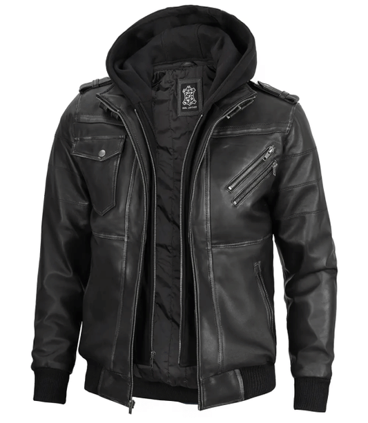 Men's Dark Gray Leather Bomber Jacket with Removable Hood