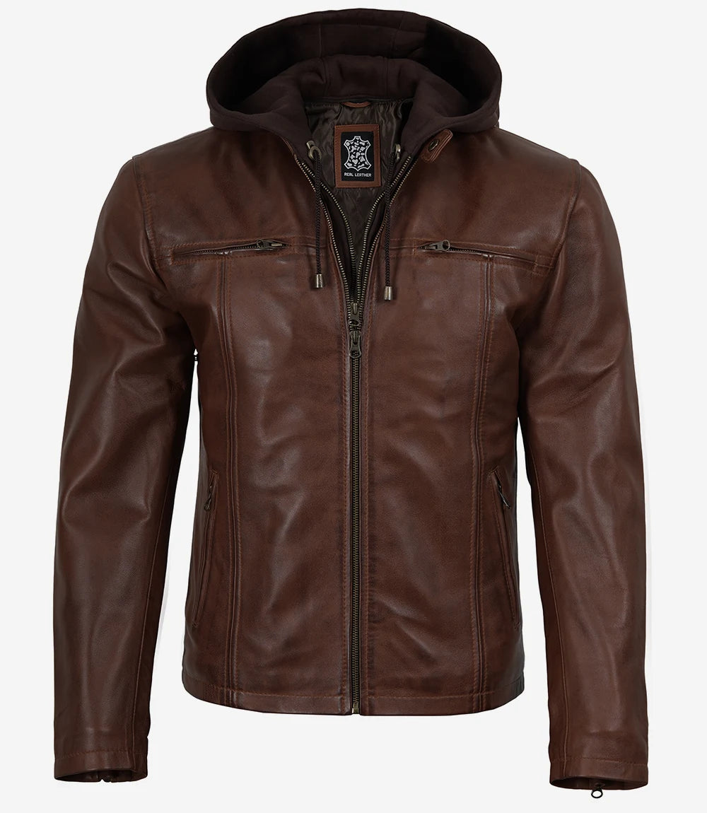 Men's Cognac Wax Lambskin Leather Jacket with Removable Hood