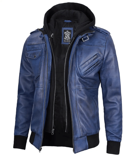 Men's Blue Leather Bomber Jacket with Removable Hood