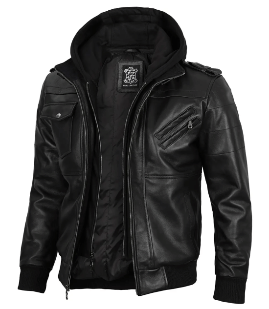 Men's Black Leather Jacket with Removable Hoodie