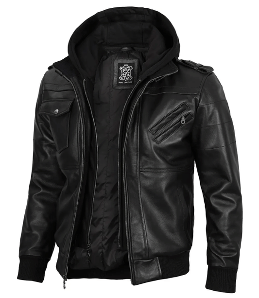 Men's Black Leather Jacket with Removable Hoodie