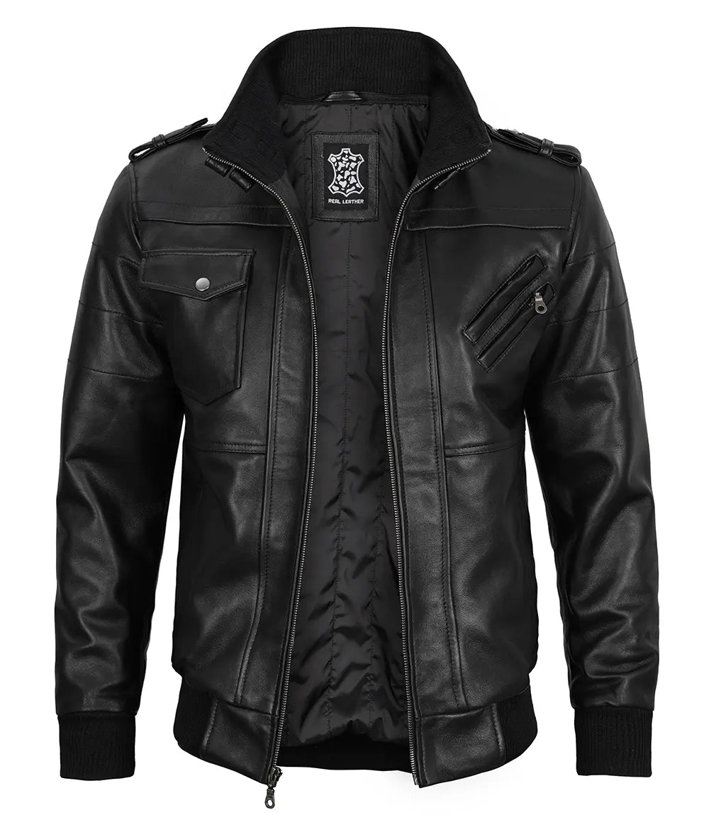 Men's Black Leather Jacket with Removable Hoodie