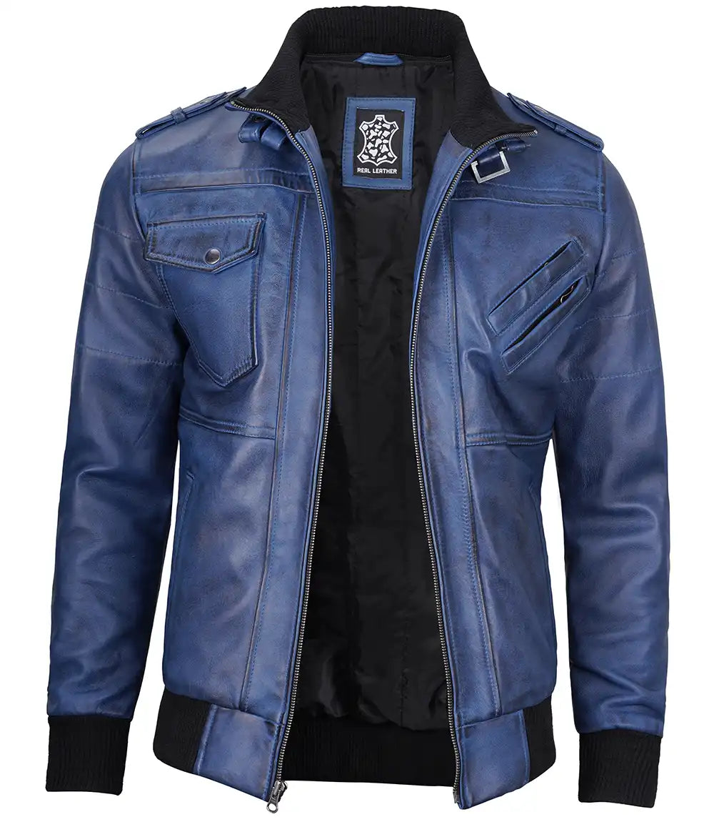 Men's Blue Leather Bomber Jacket with Removable Hood