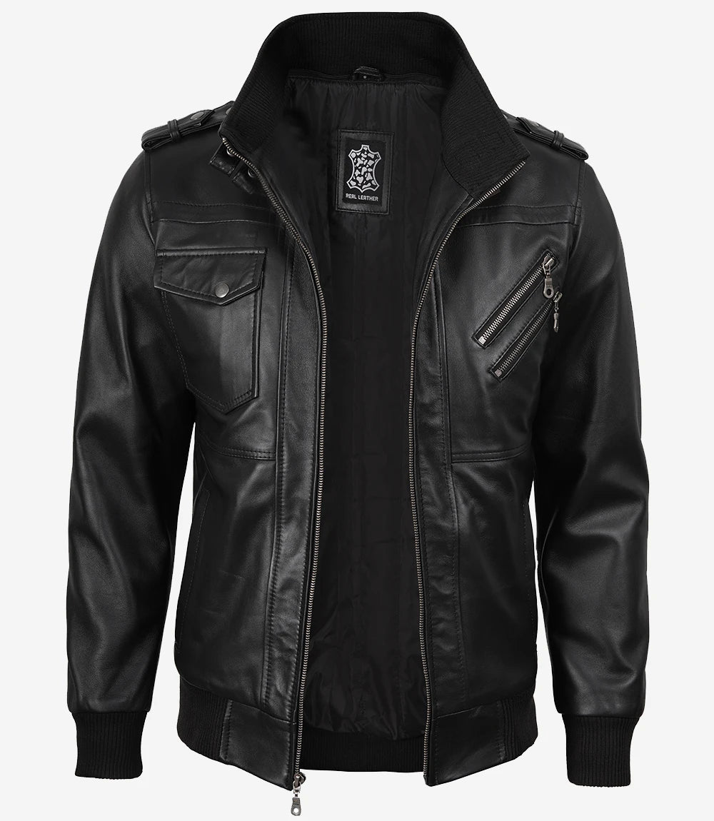 Black Bomber Men's Leather Jacket — with Removable Hood