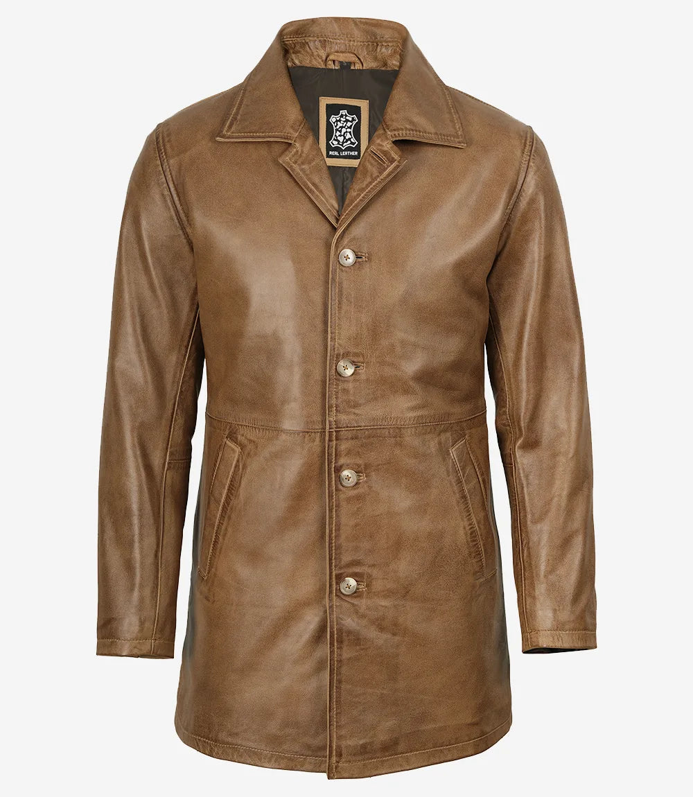 Men’s Real Leather Camel Brown 3/4 Length Car Coat