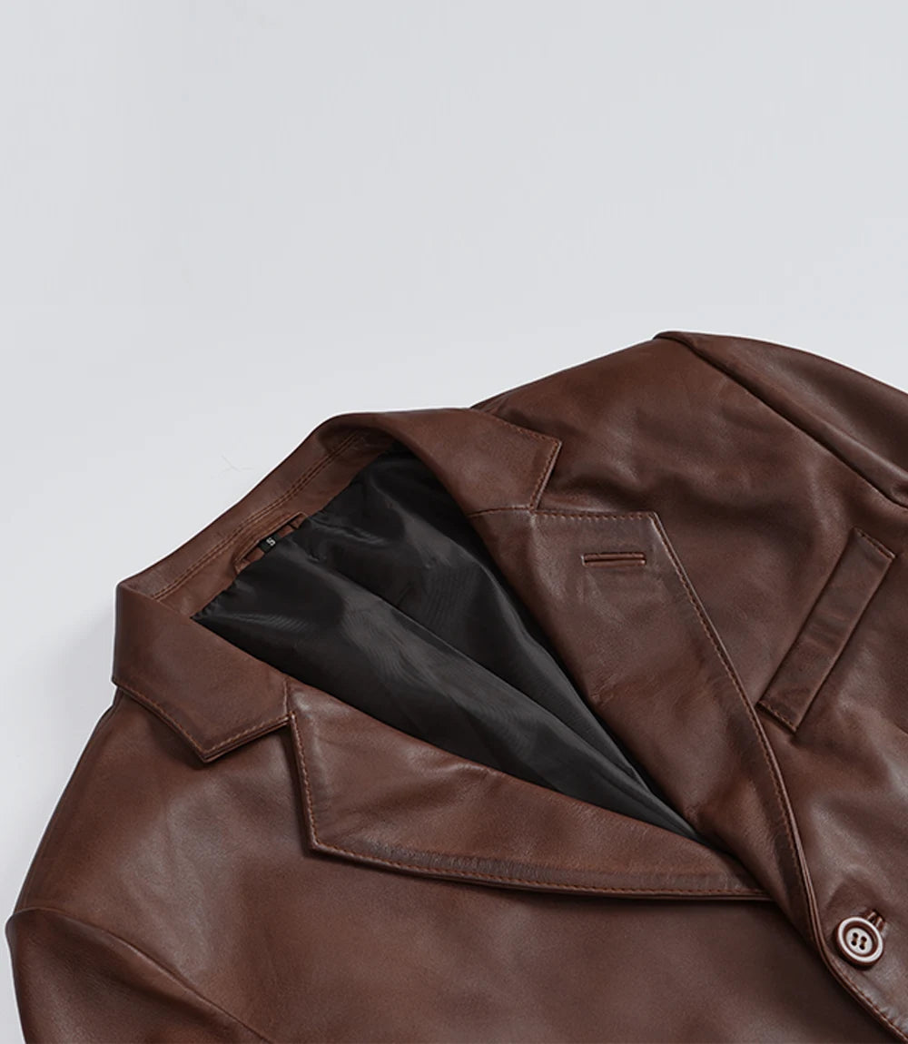 Arya Men's Cognac Three Button Leather Blazer