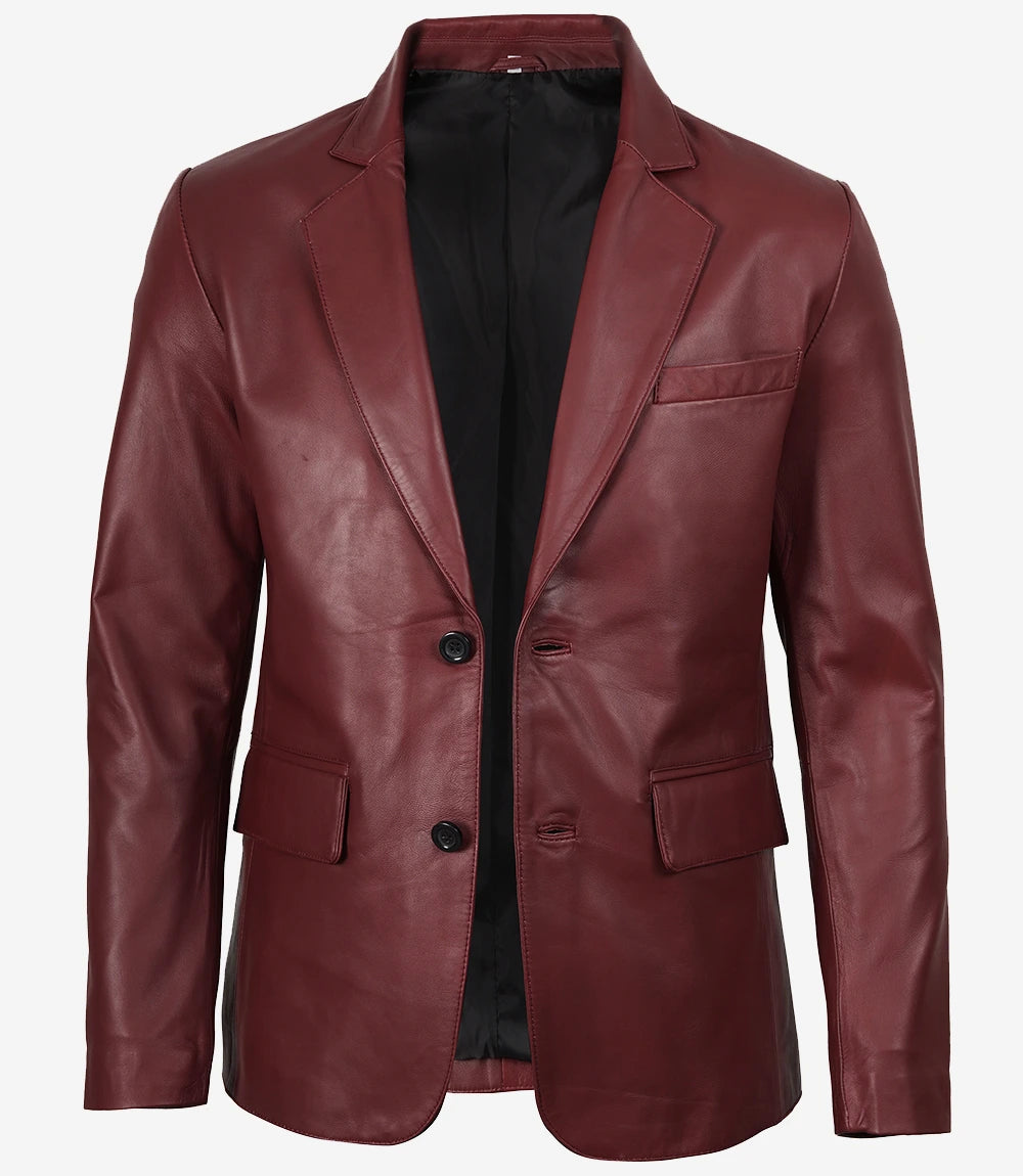 Men's Burgundy Real Leather Blazer Jacket